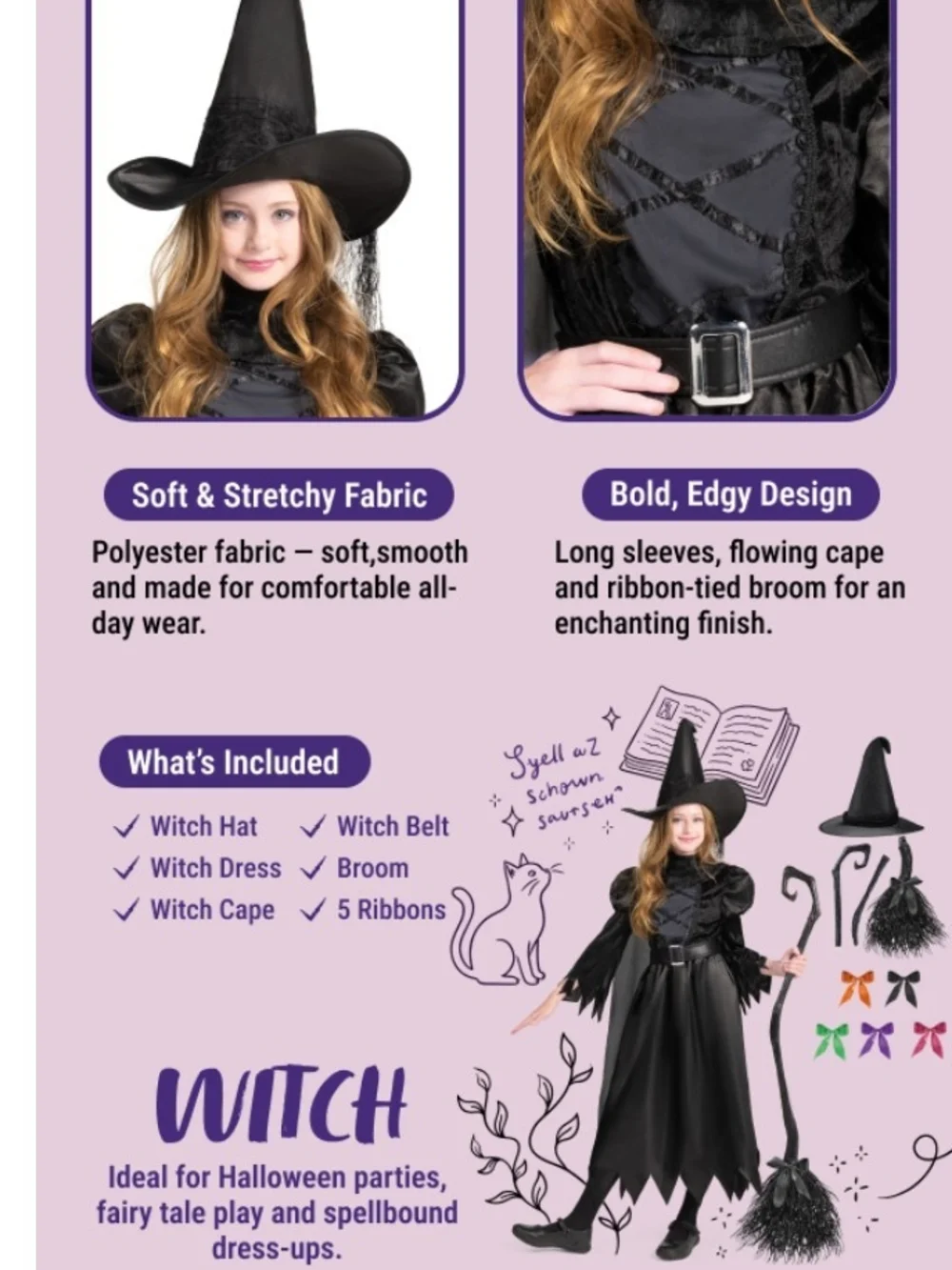 Spooktacular Creations Black Witch Costume Size Small 5-7 Years NWT